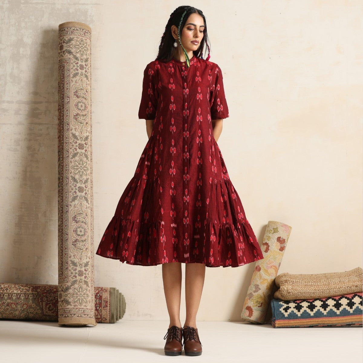 Ruya- Rust handwoven ikat tiered dress