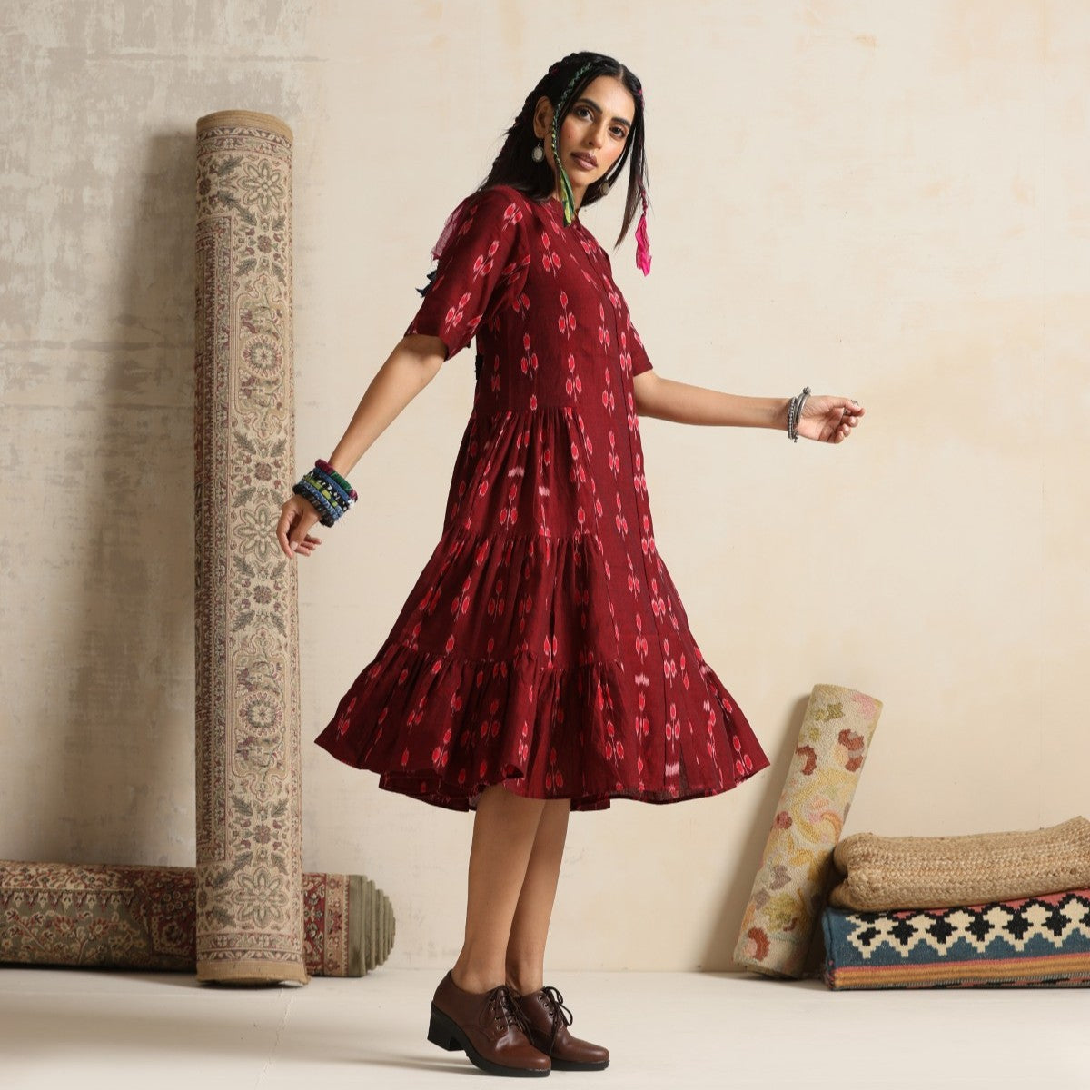 Ruya- Rust handwoven ikat tiered dress