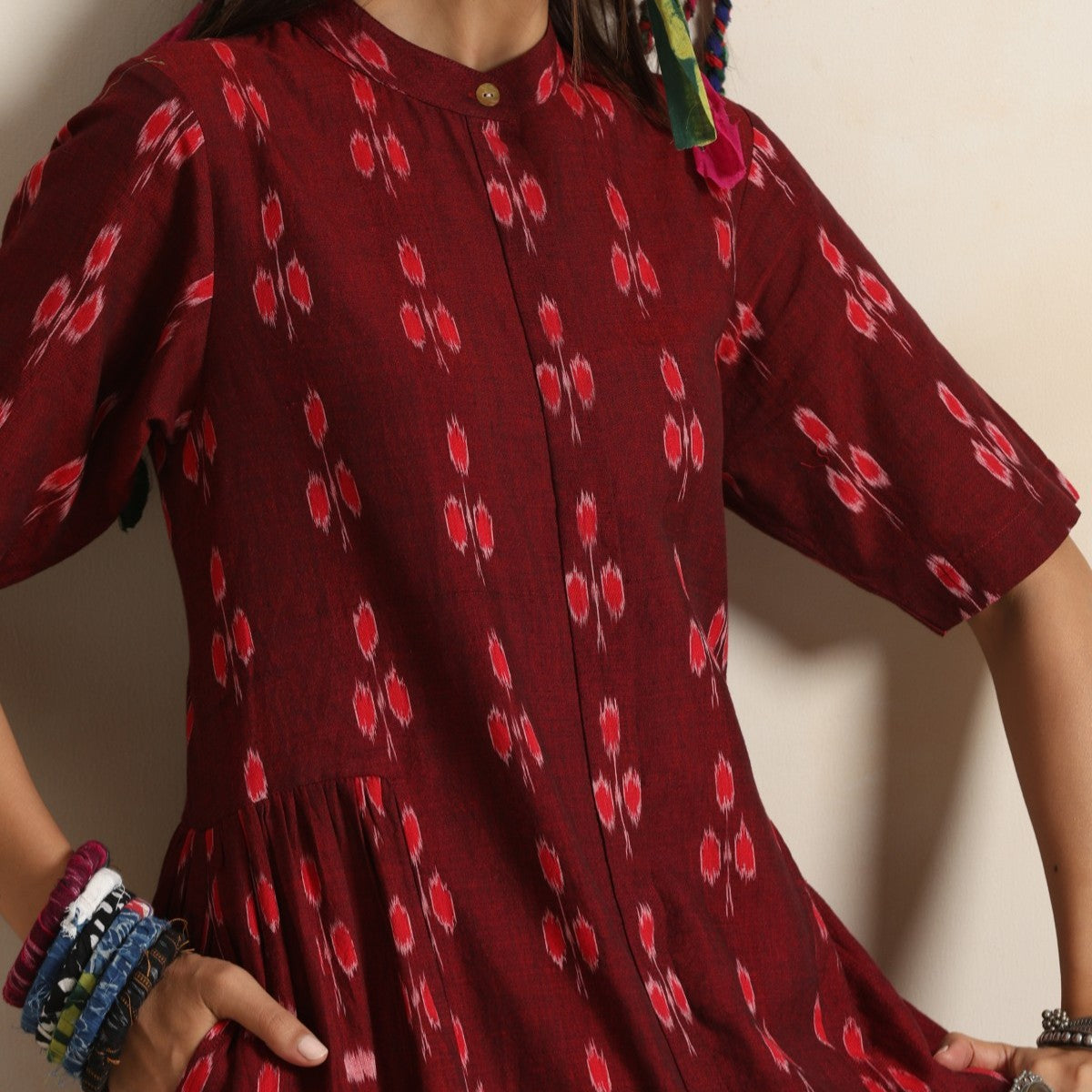 Ruya- Rust handwoven ikat tiered dress