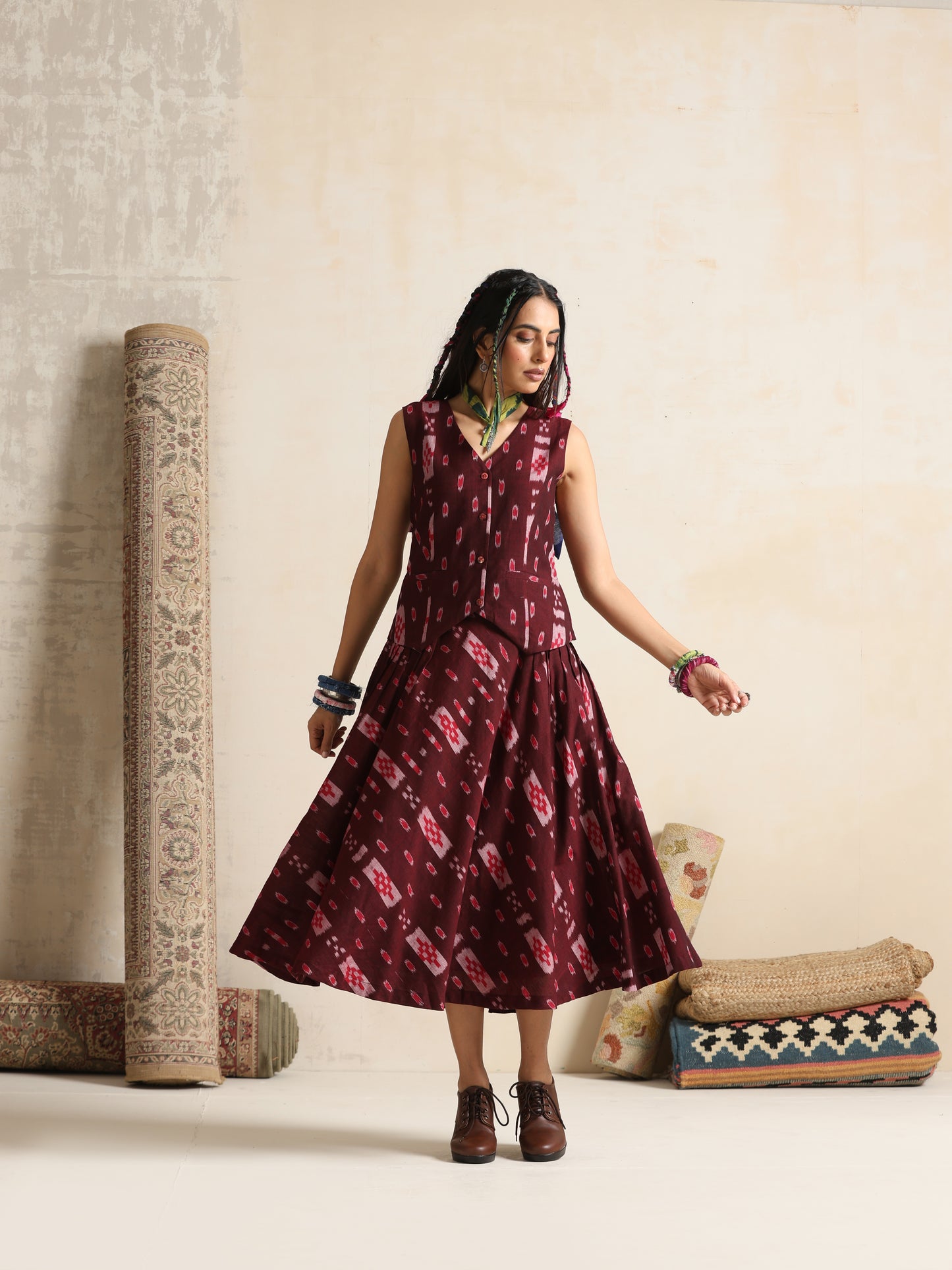 Tassavur- Handwoven Ikat Waistcoat and skirt set