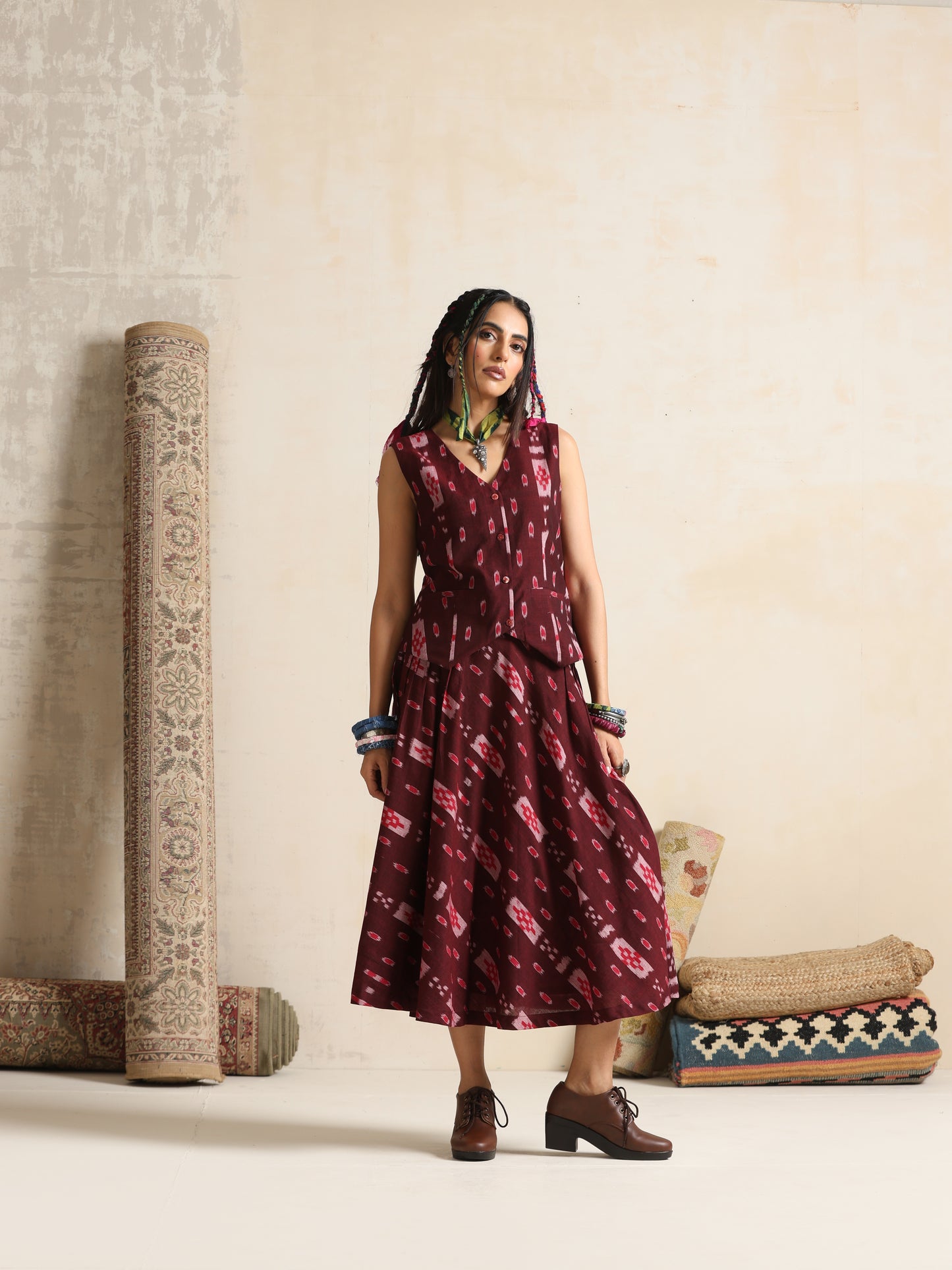 Tassavur- Handwoven Ikat Waistcoat and skirt set