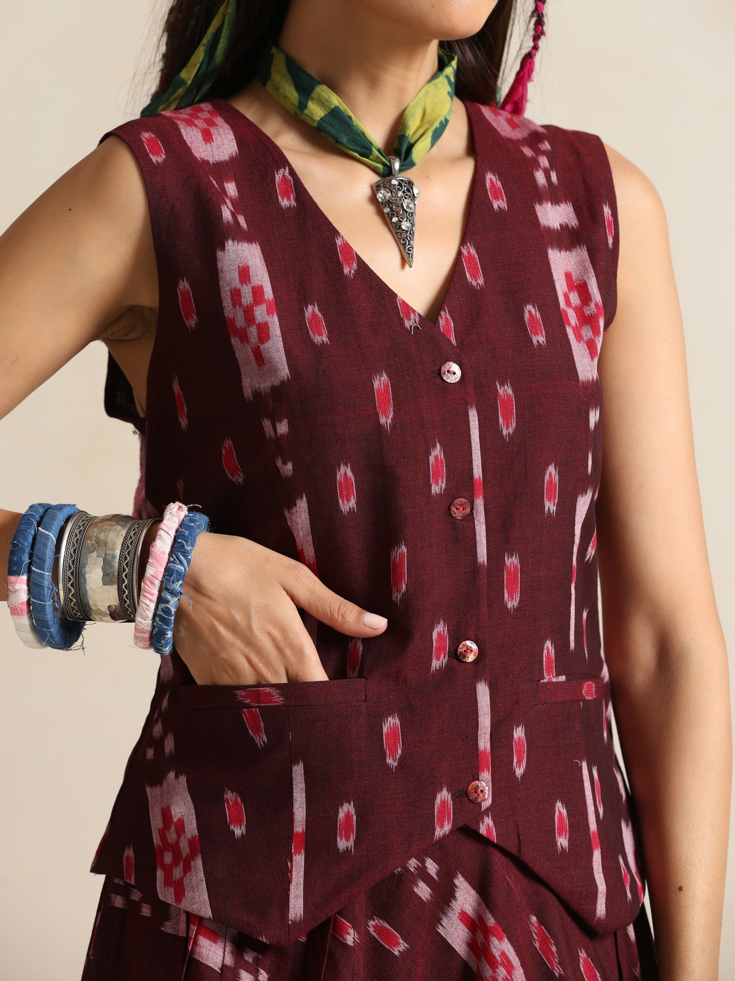 Tassavur- Handwoven Ikat Waistcoat and skirt set