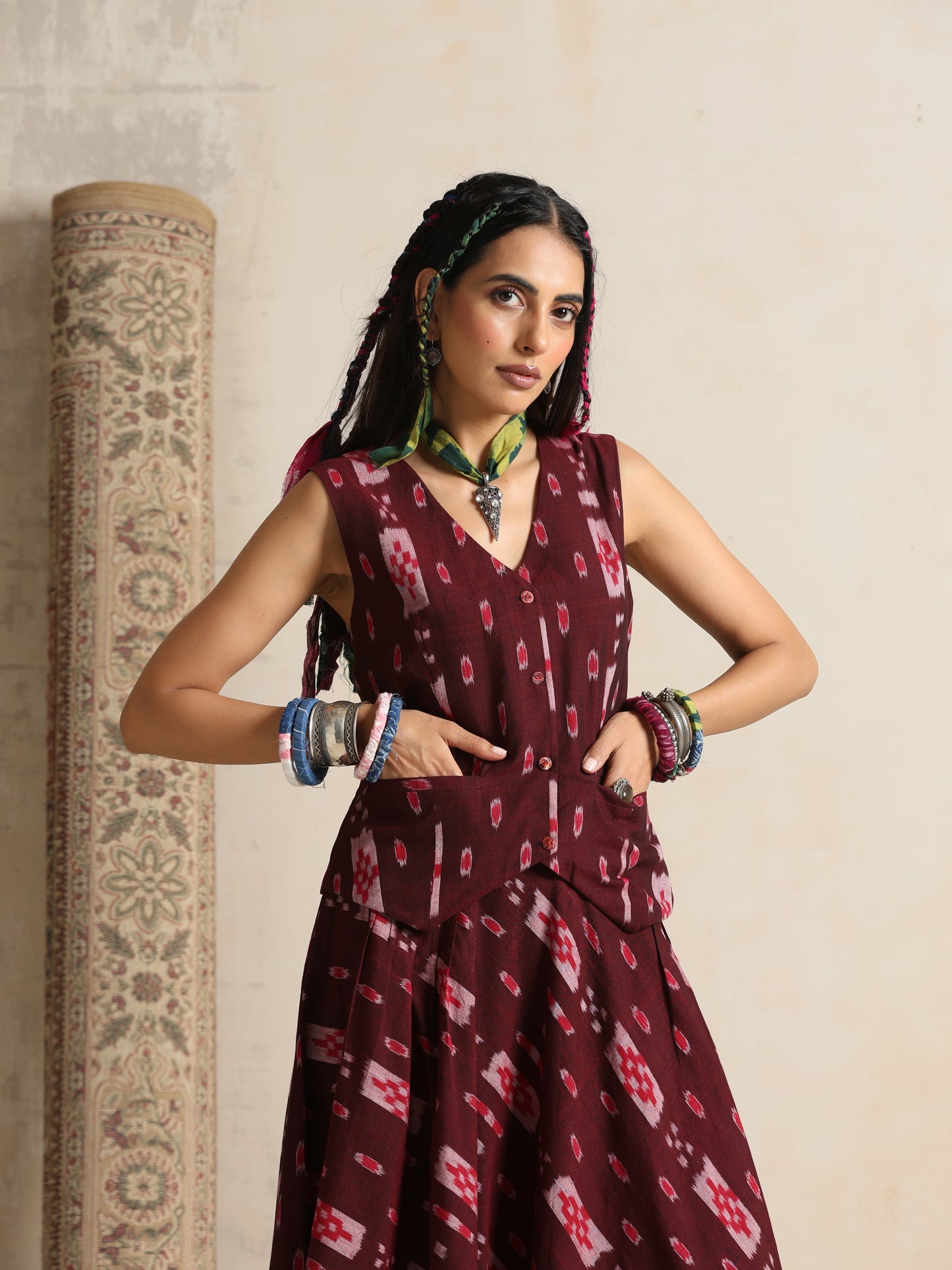 Tassavur- Handwoven Ikat Waistcoat and skirt set