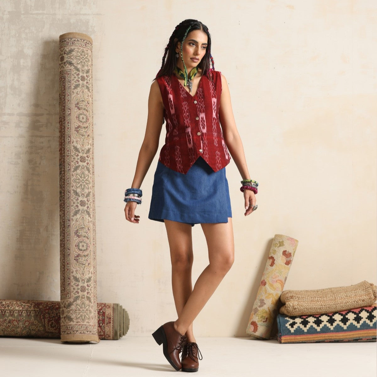Aks- Waistcoat with skirt in handwoven ikat