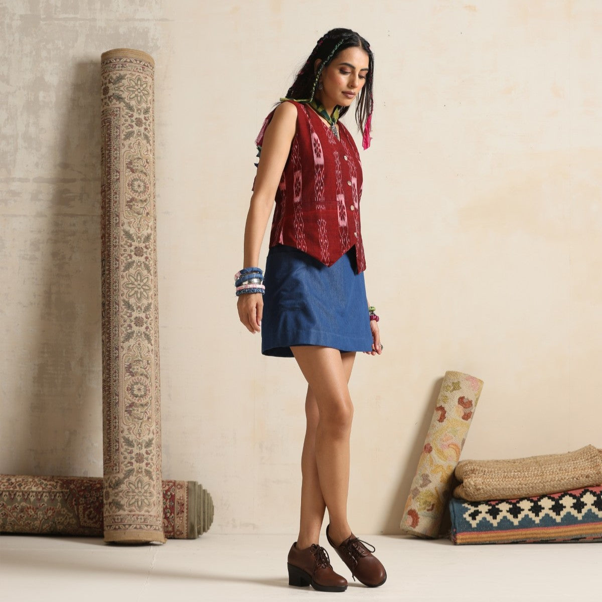 Aks- Waistcoat with skirt in handwoven ikat