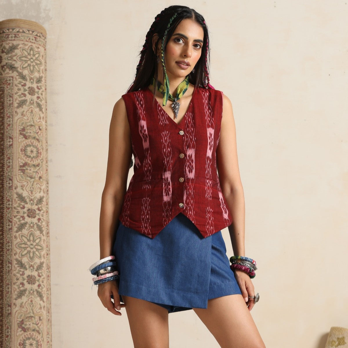 Aks- Waistcoat with skirt in handwoven ikat