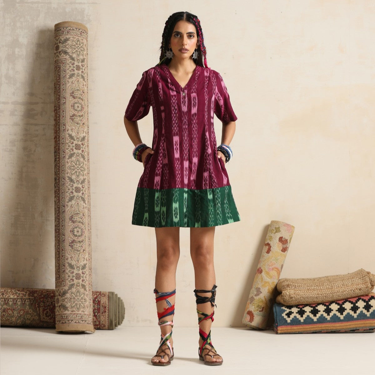 Dastaan- Wine and green color block short dress