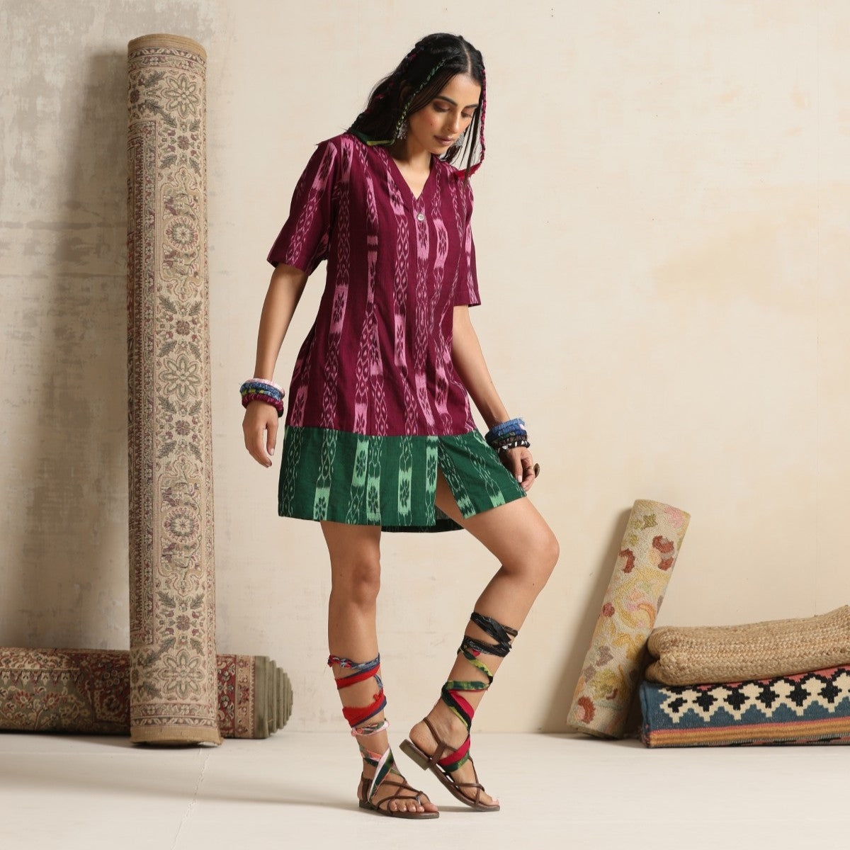Dastaan- Wine and green color block short dress