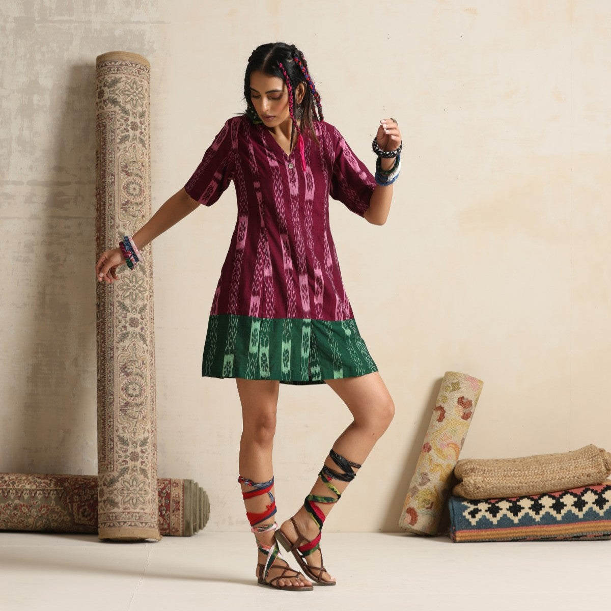 Dastaan- Wine and green color block short dress