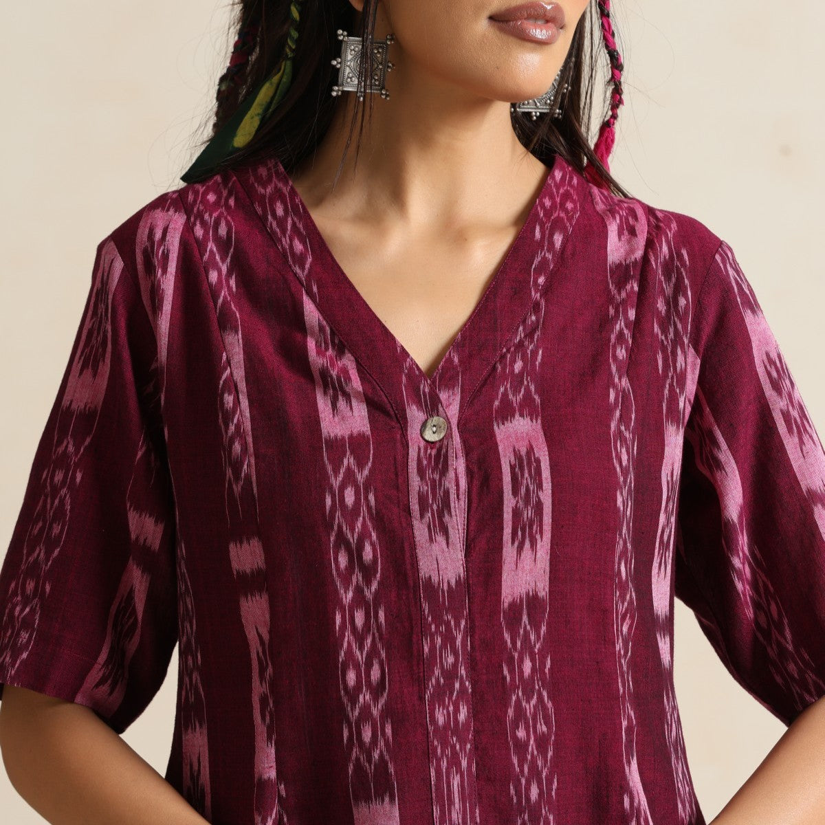Dastaan- Wine and green color block short dress