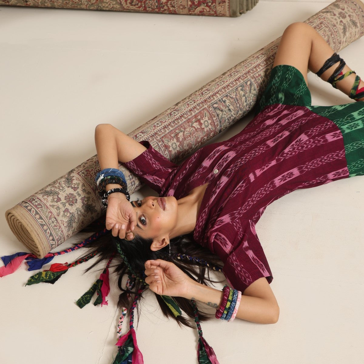 Dastaan- Wine and green color block short dress