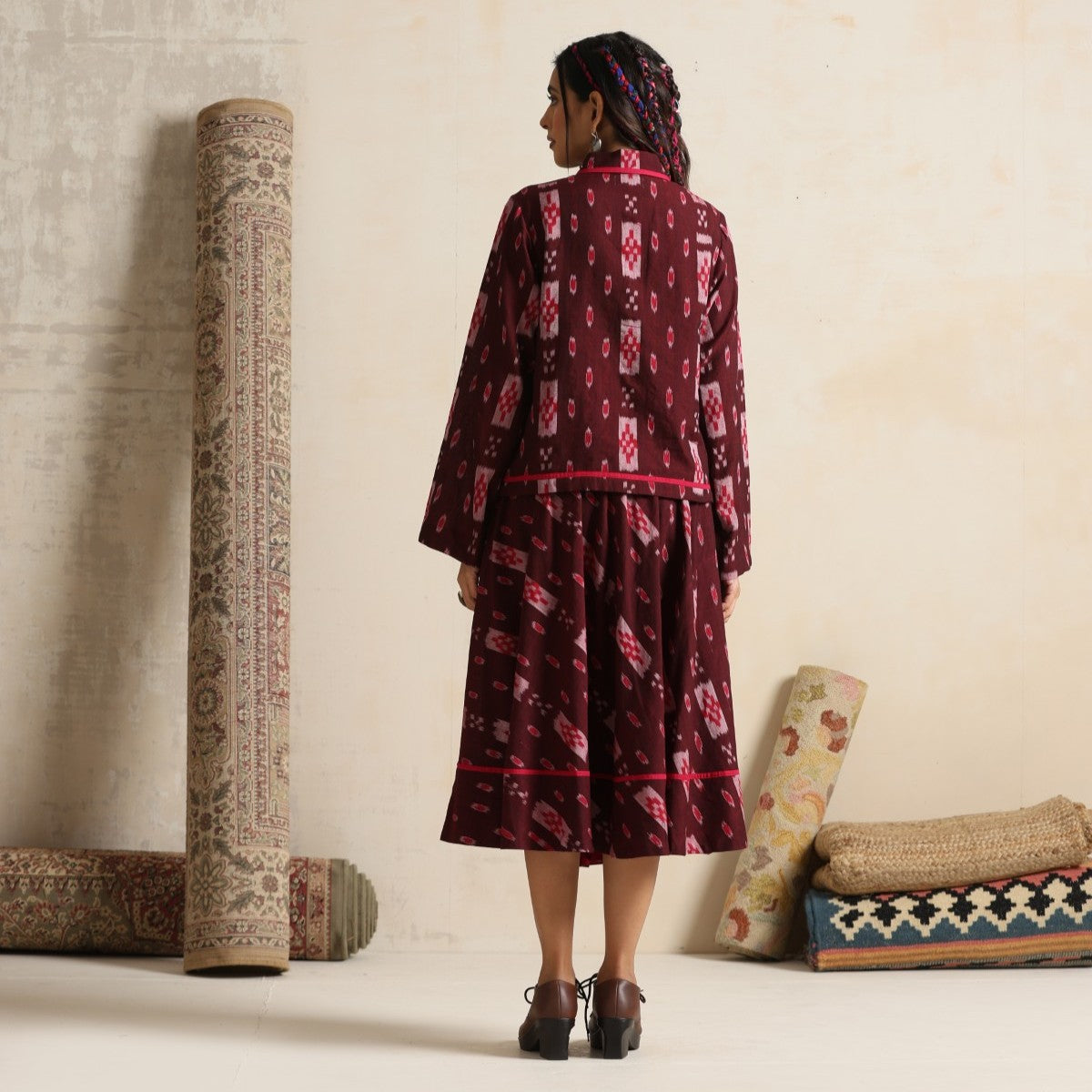 Izhaar- Brown ikat shirt and full skirt set