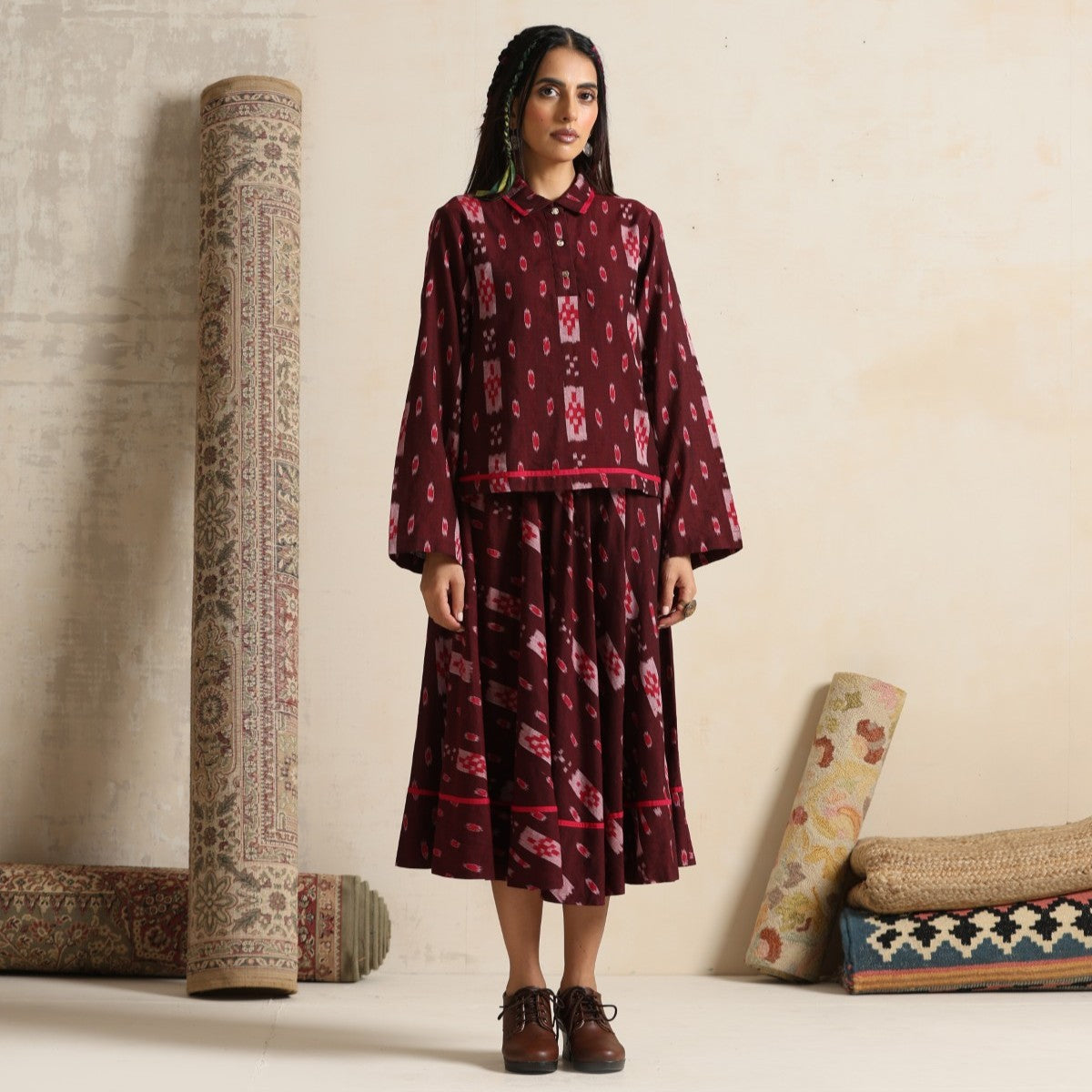 Izhaar- Brown ikat shirt and full skirt set