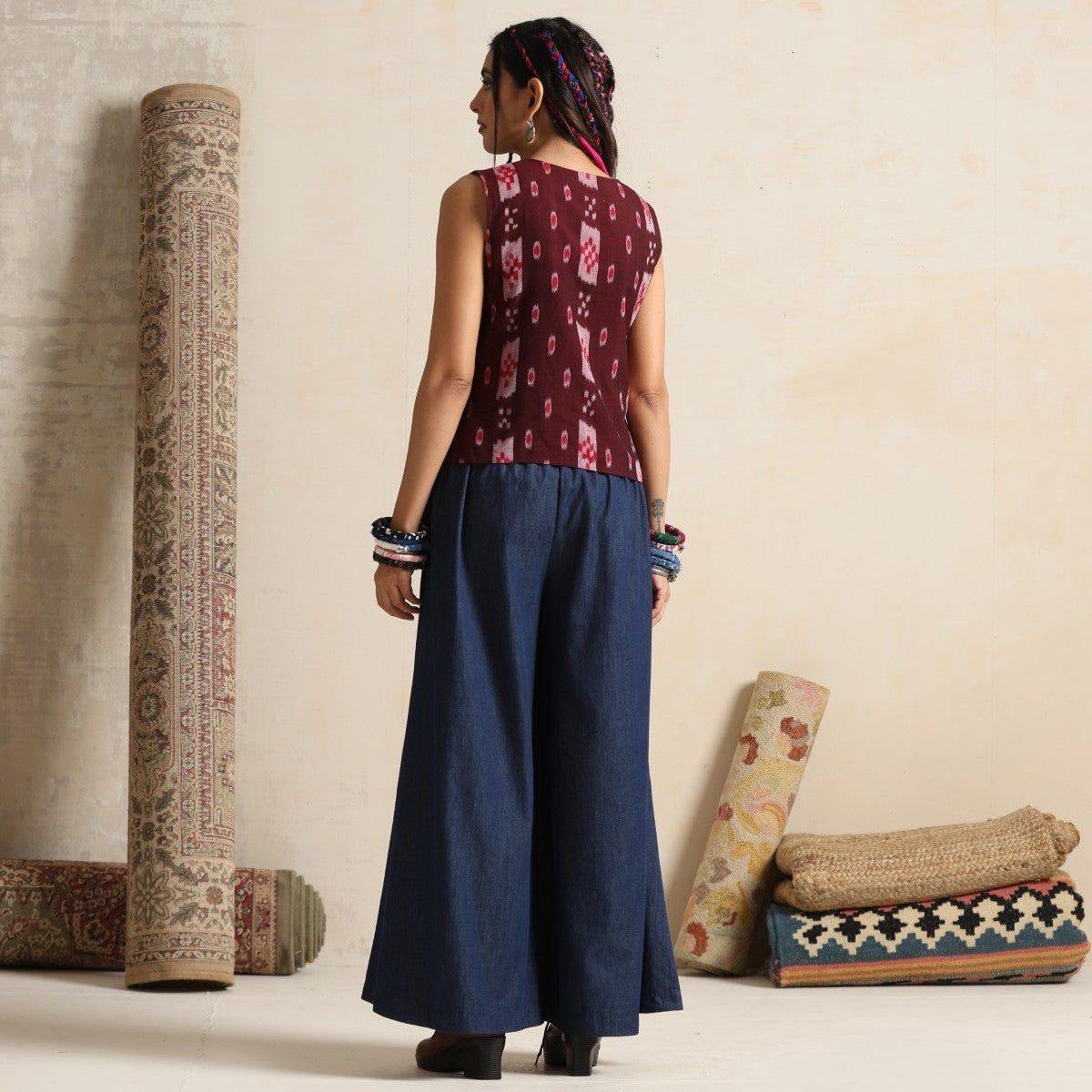 Muntazir- Brown handwoven ikat waistcoat with pants
