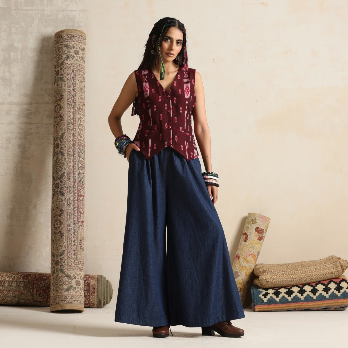 Muntazir- Brown handwoven ikat waistcoat with pants