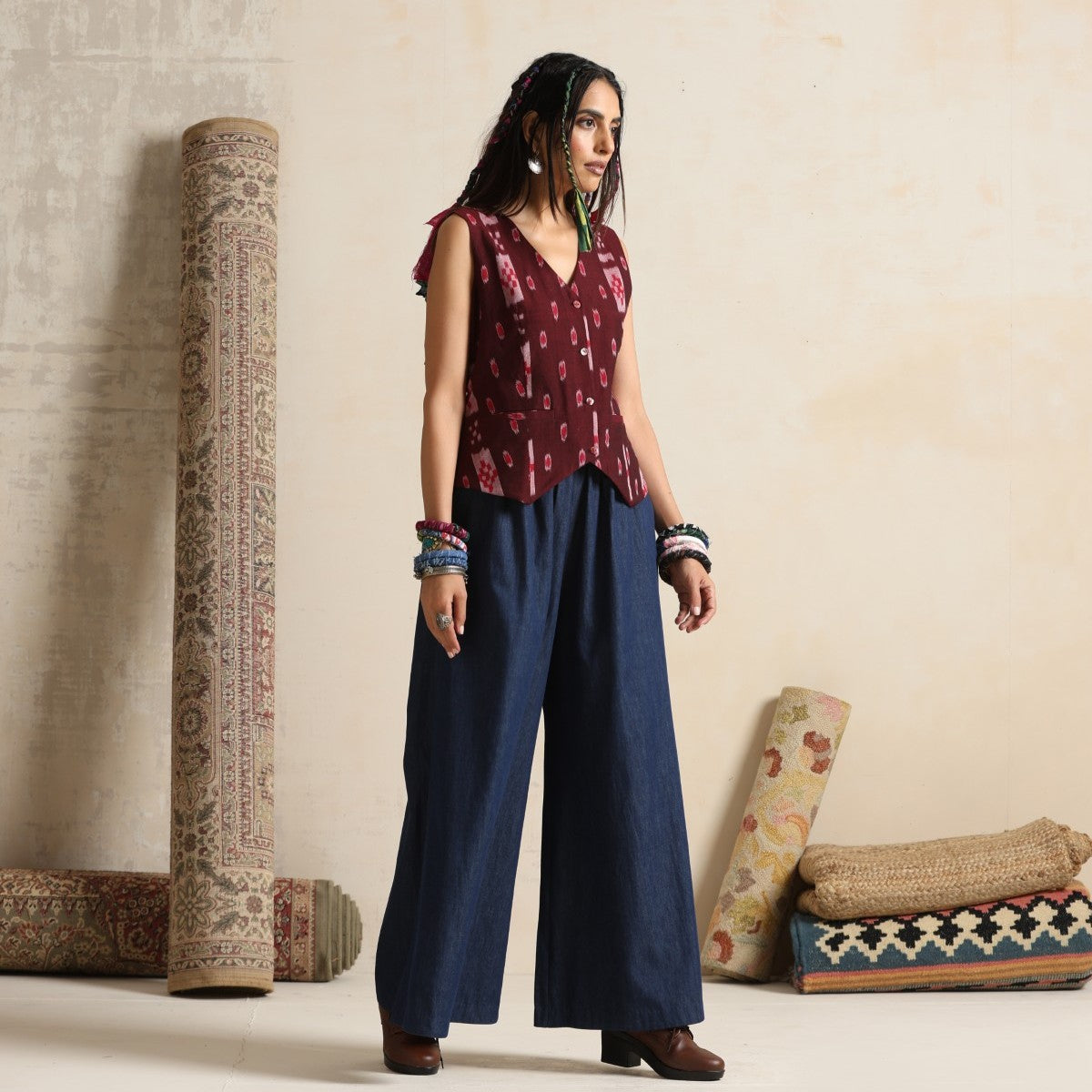 Muntazir- Brown handwoven ikat waistcoat with pants