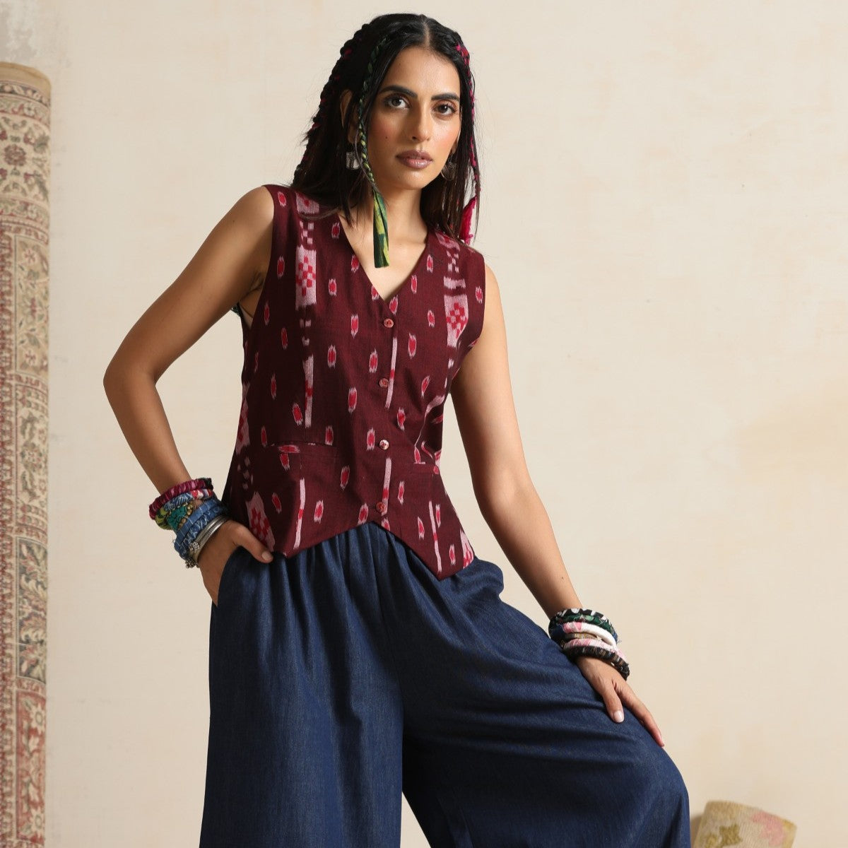 Muntazir- Brown handwoven ikat waistcoat with pants