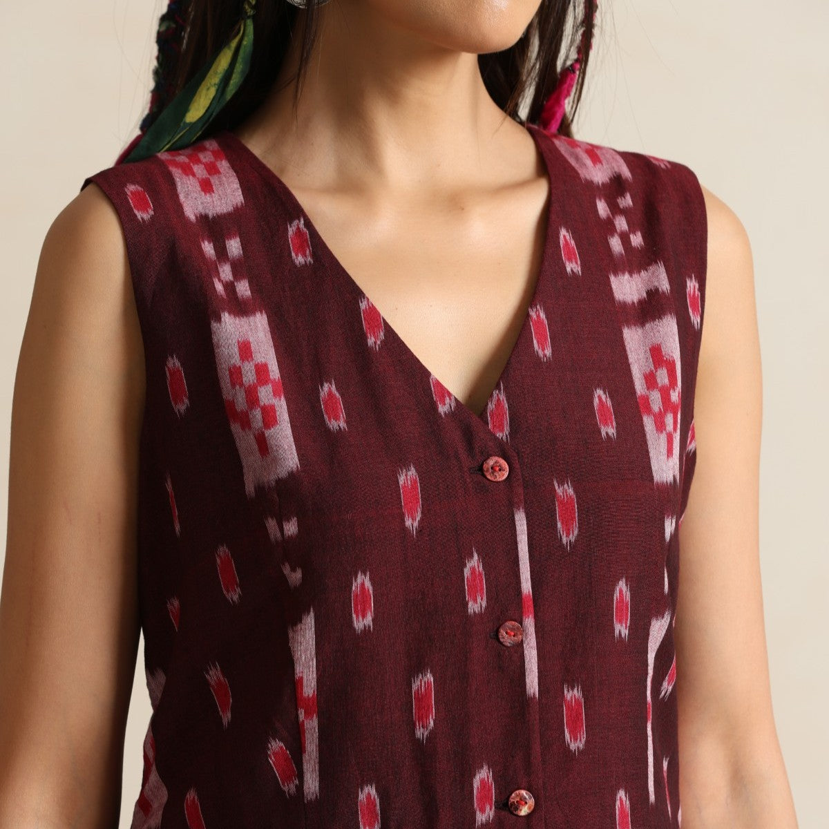 Muntazir- Brown handwoven ikat waistcoat with pants