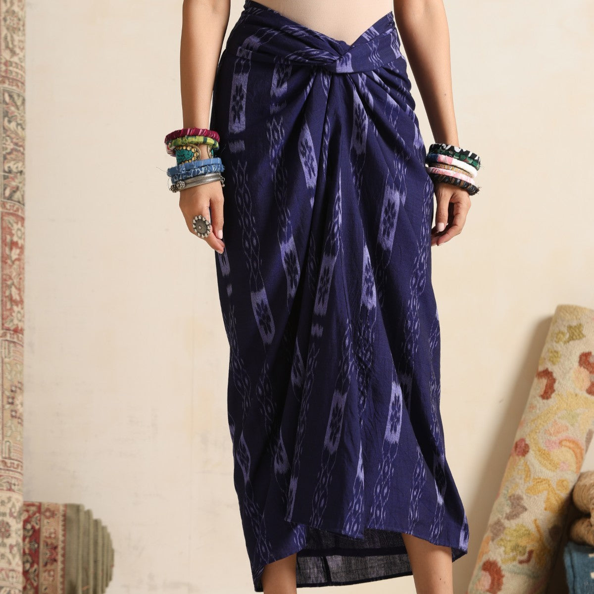 Seher - Shirt and front twist & tie skirt in handwoven ikat
