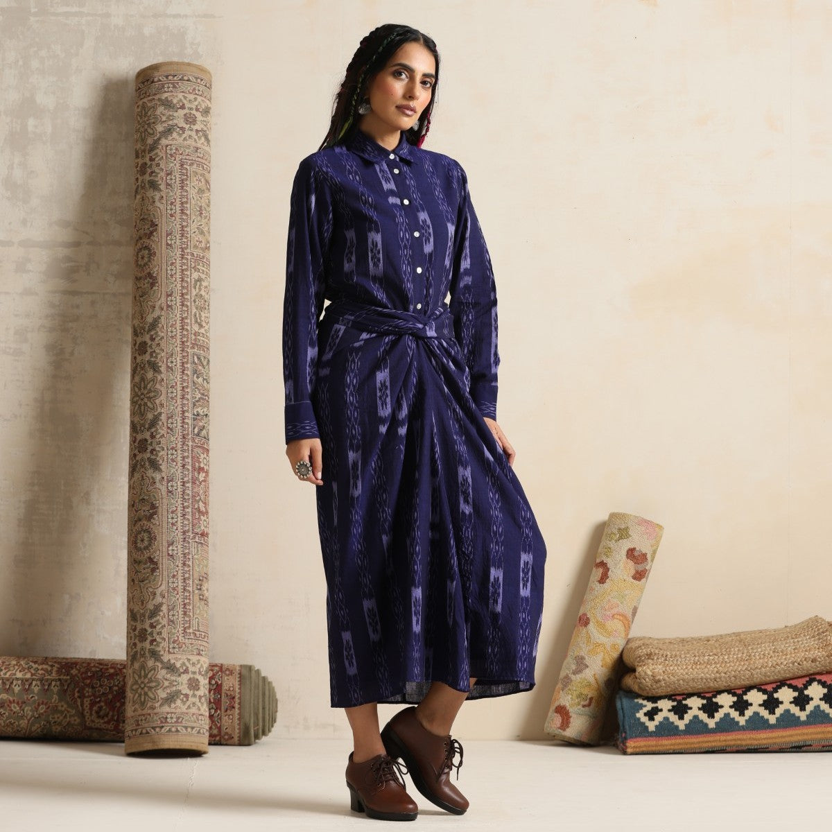 Seher - Shirt and front twist & tie skirt in handwoven ikat