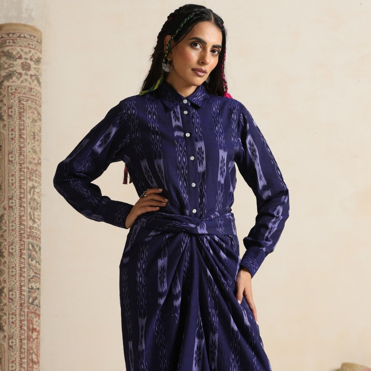 Seher - Shirt and front twist & tie skirt in handwoven ikat