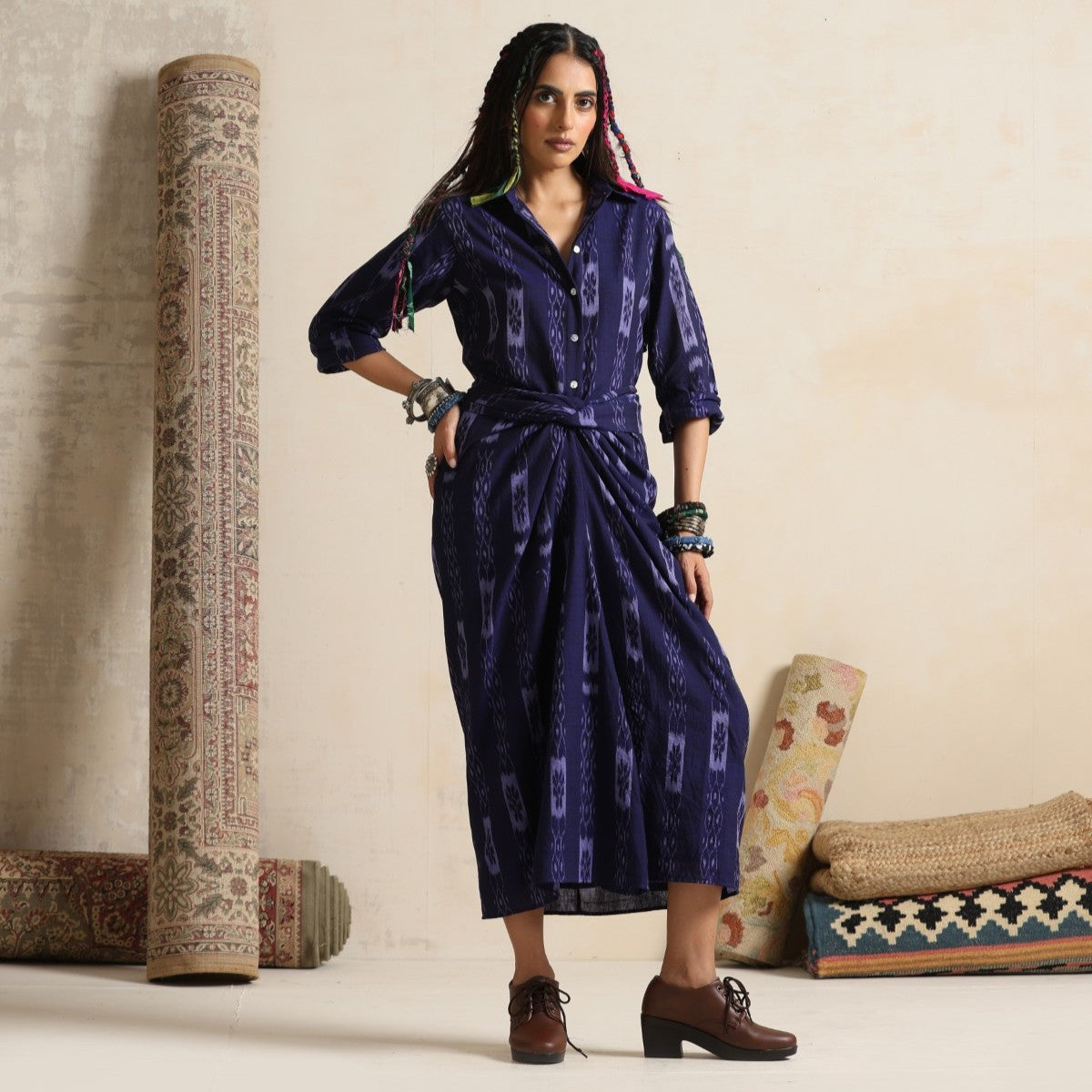 Seher - Shirt and front twist & tie skirt in handwoven ikat