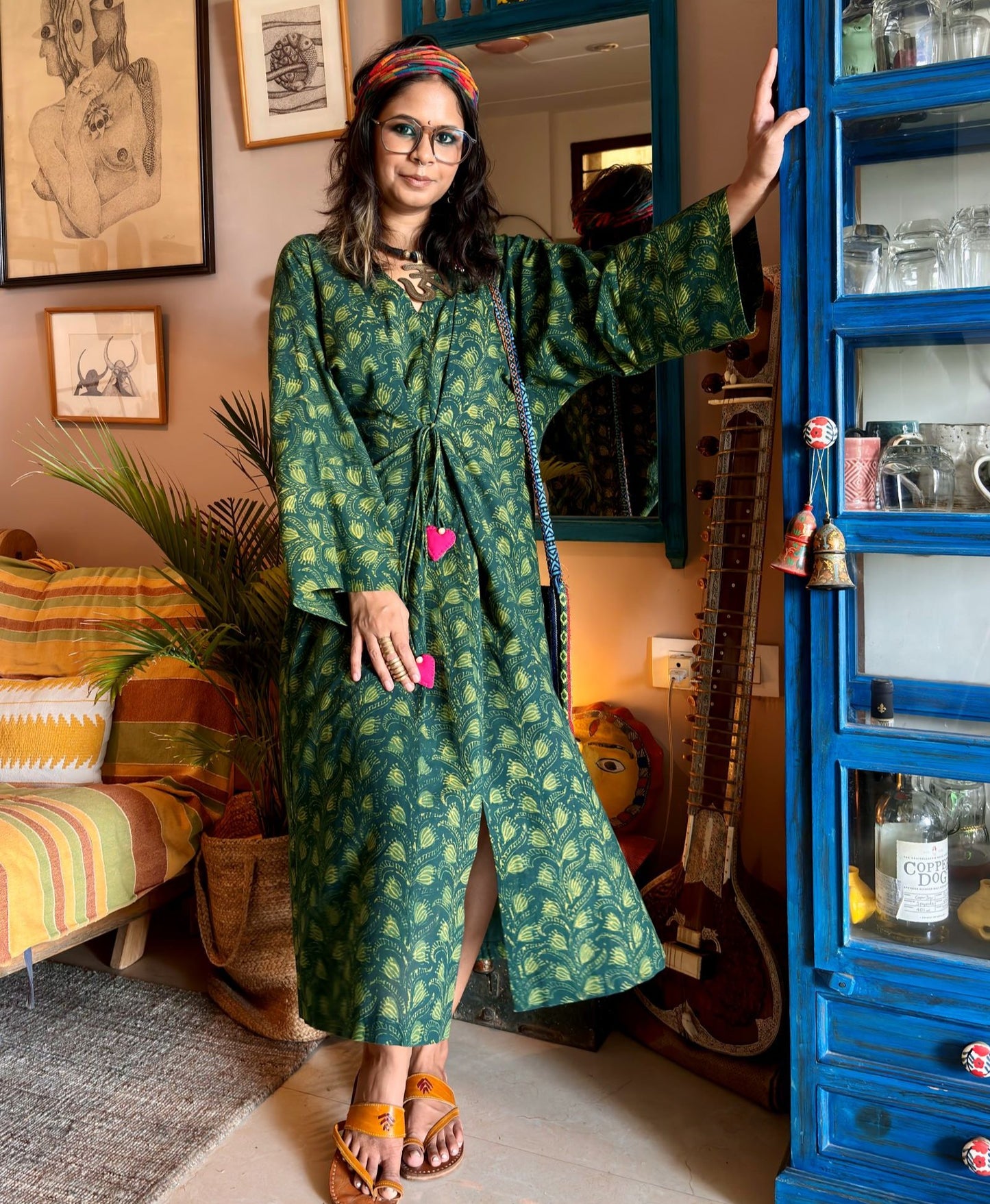 Pine - Freesize Kaftan Dress with tie up belt
