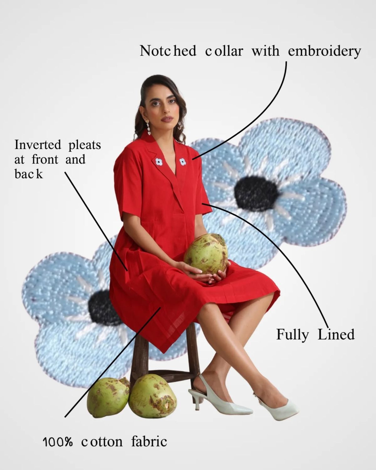 Thalia - Red pleated dress with flower embroidery