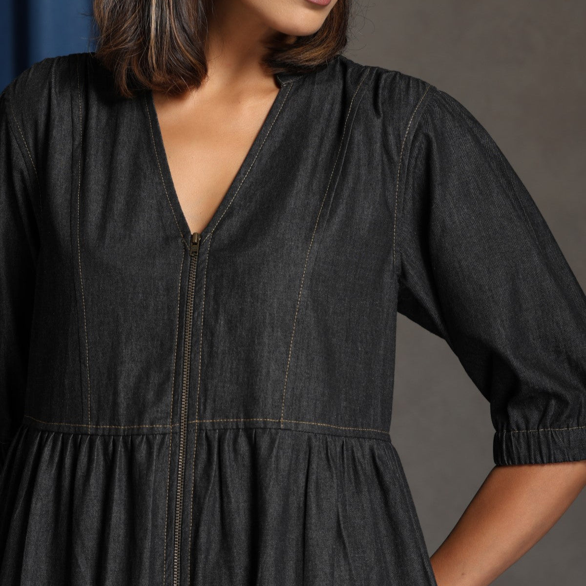 black denim dress close up