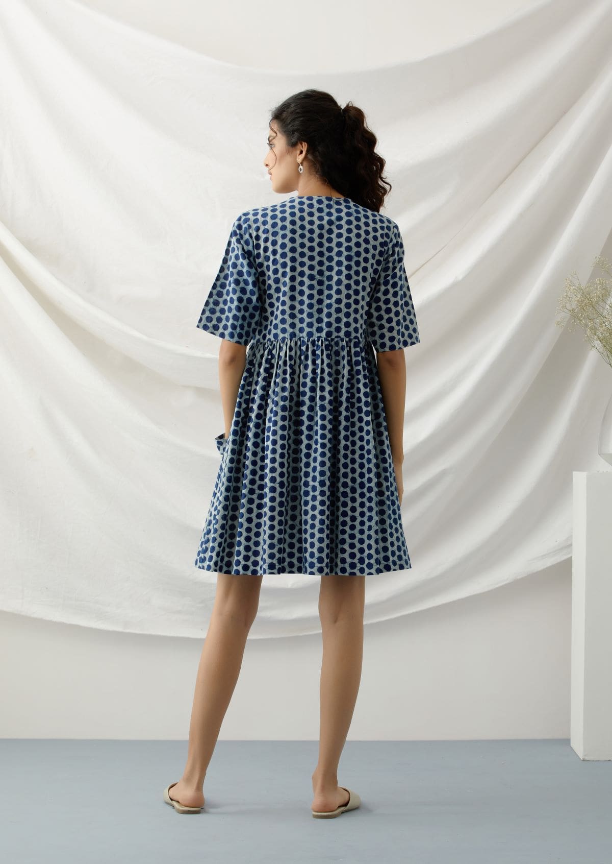 Rani- Indigo polka dot short dress