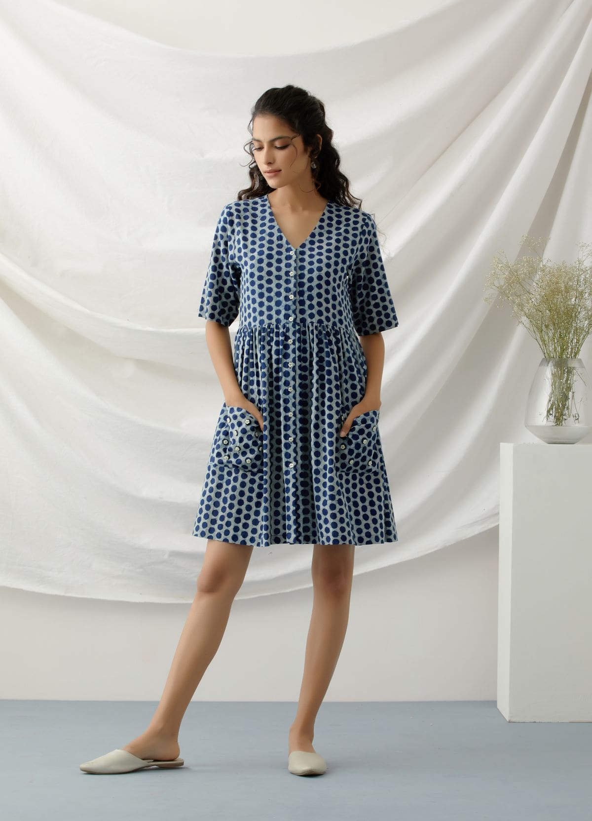 Rani- Indigo polka dot short dress