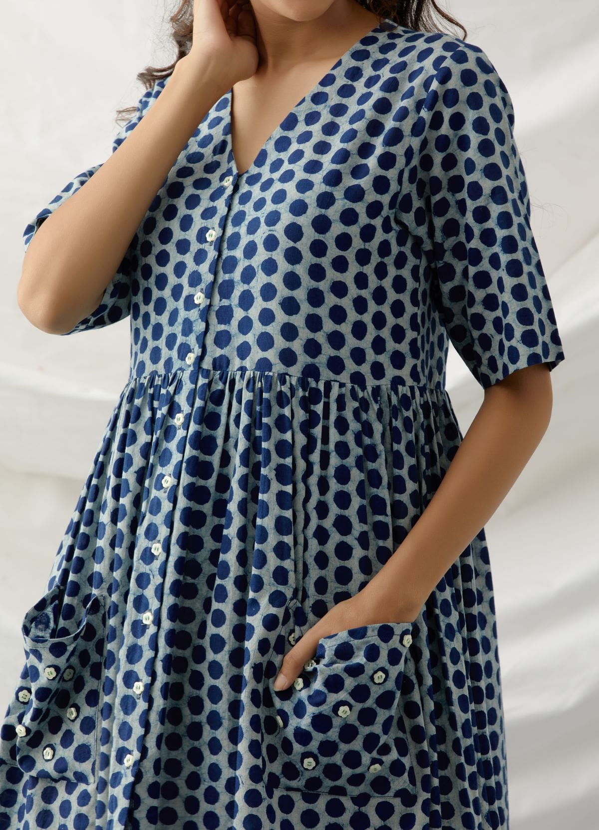 Rani- Indigo polka dot short dress