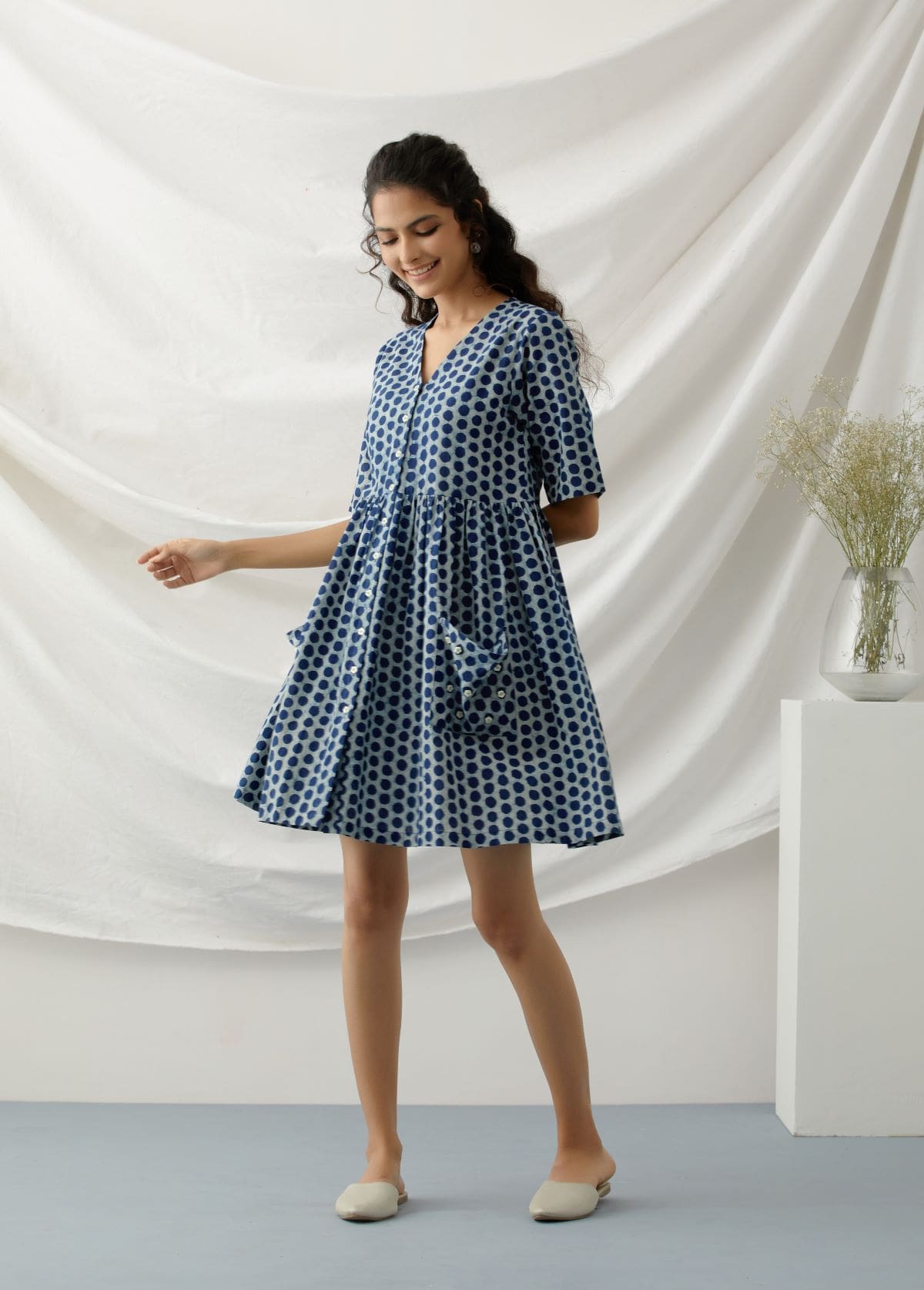 Rani- Indigo polka dot short dress