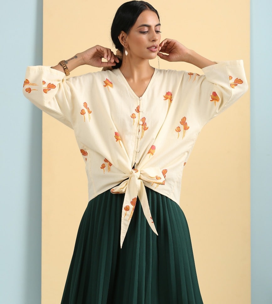 Cream block print knotted shirt