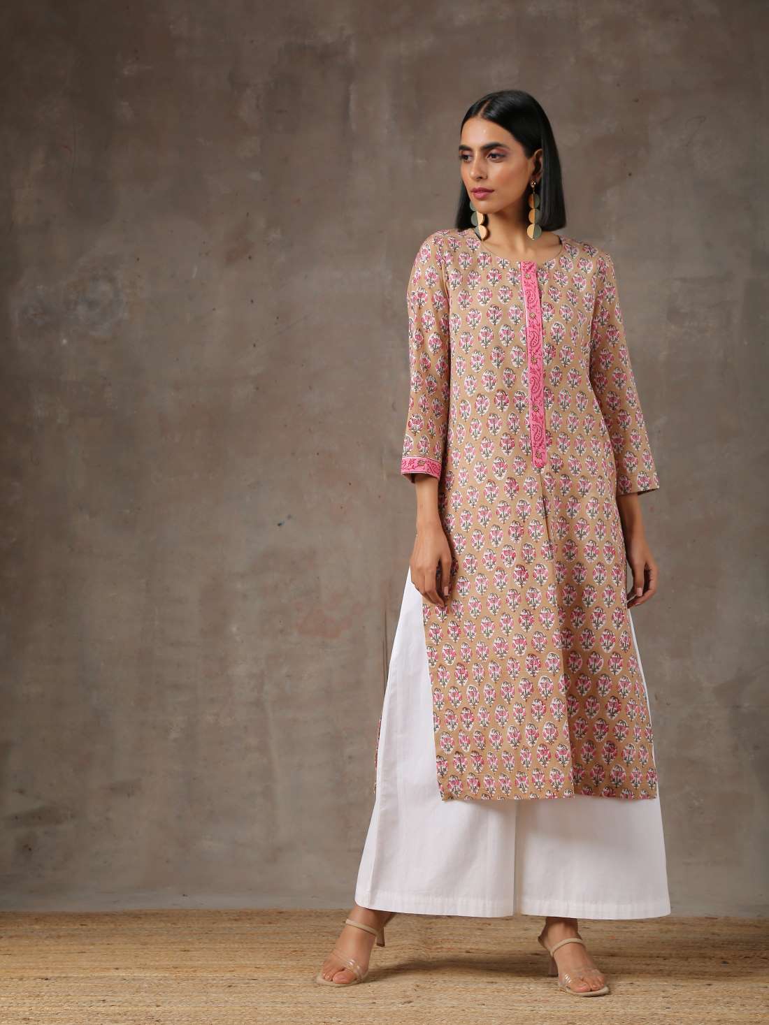 Light beige cotton kurti with pallazo - Label Raasleela