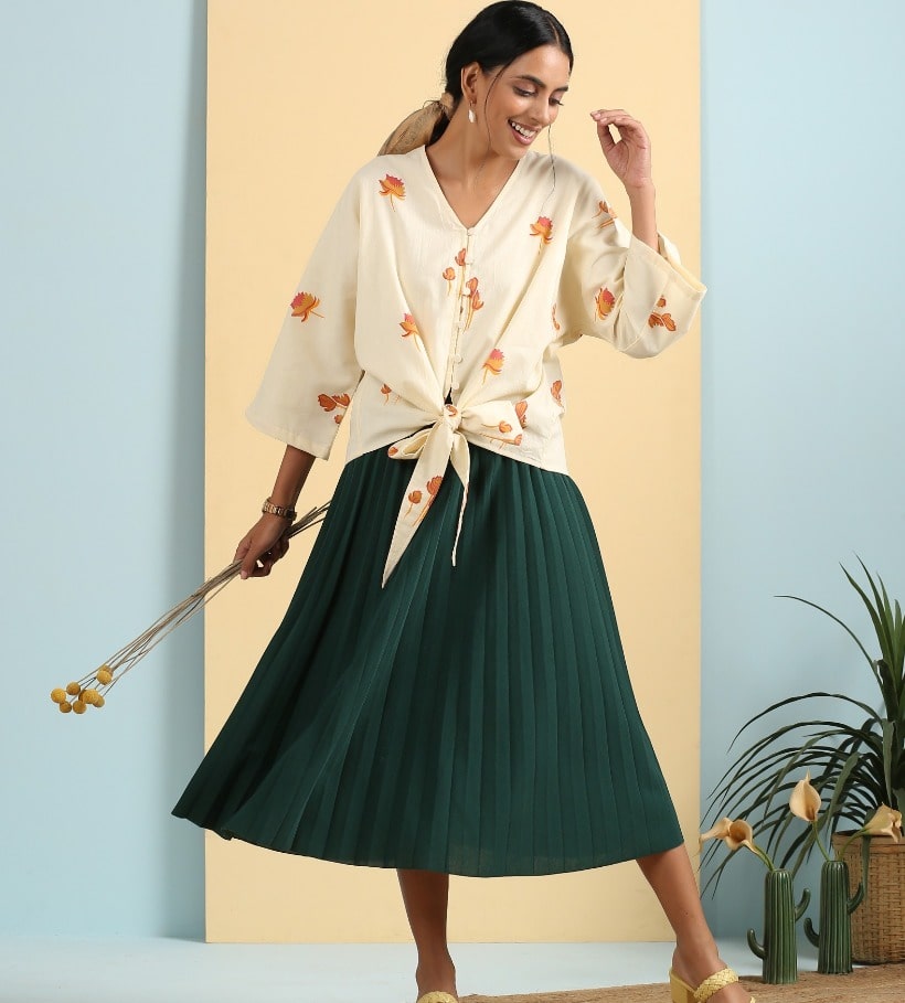 Cream block print knotted shirt