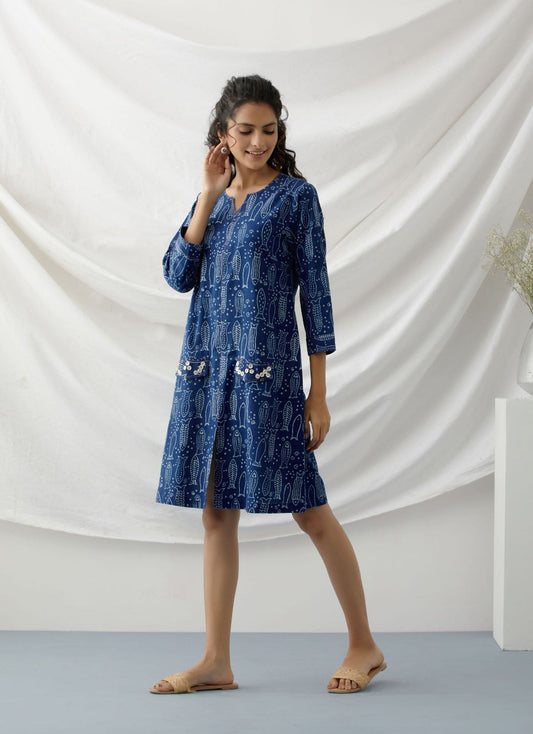 Dori- Indigo fish printed short dress