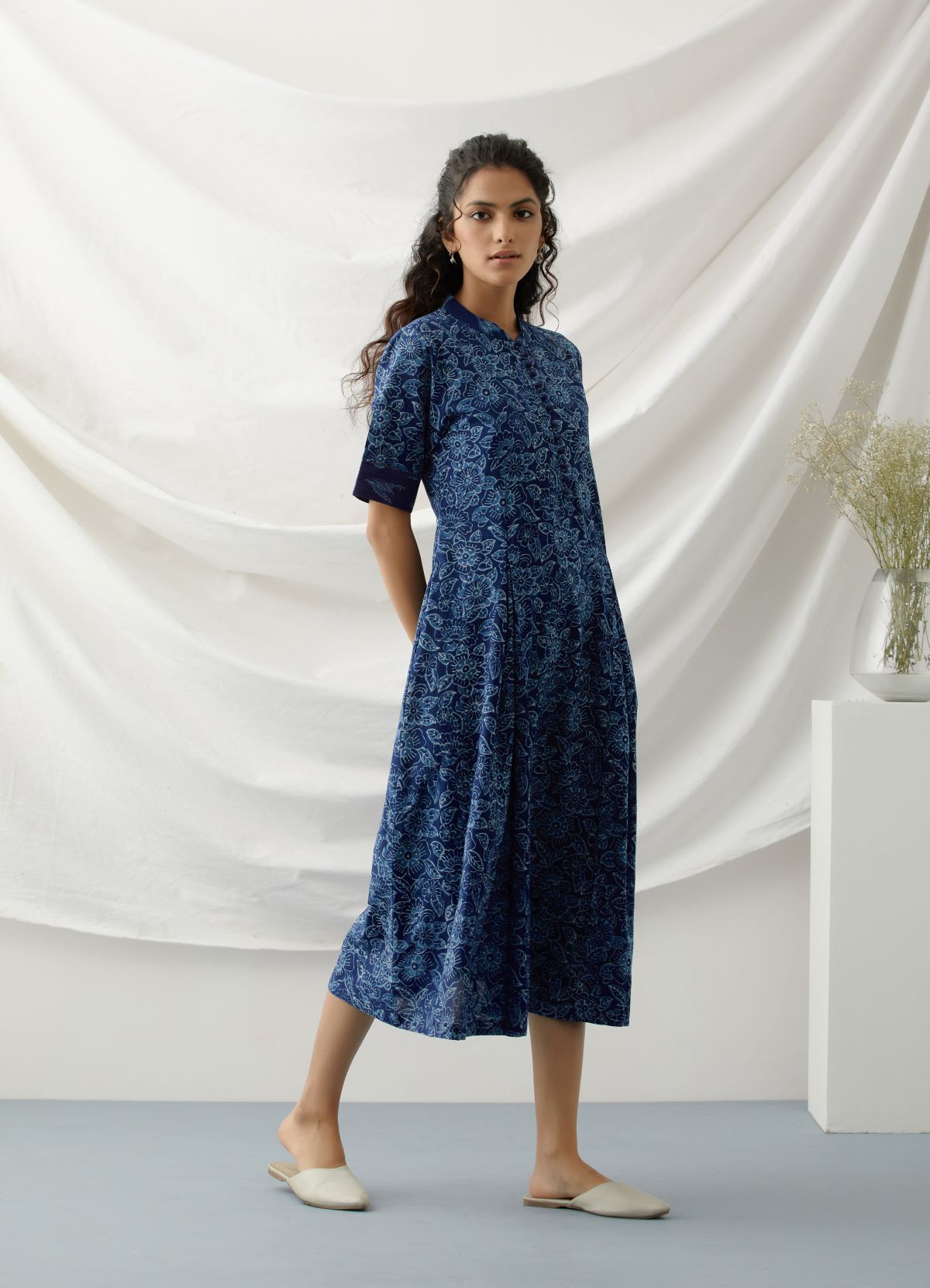 Blue roses- Indigo floral kurta/dress with box pleat