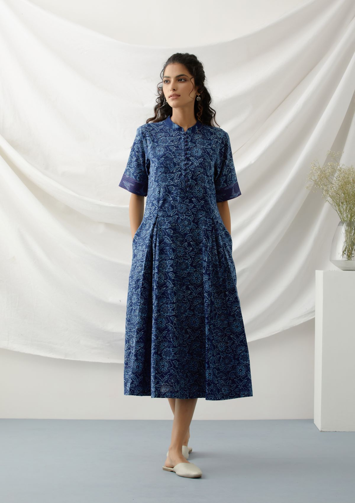 Blue roses- Indigo floral kurta/dress with box pleat