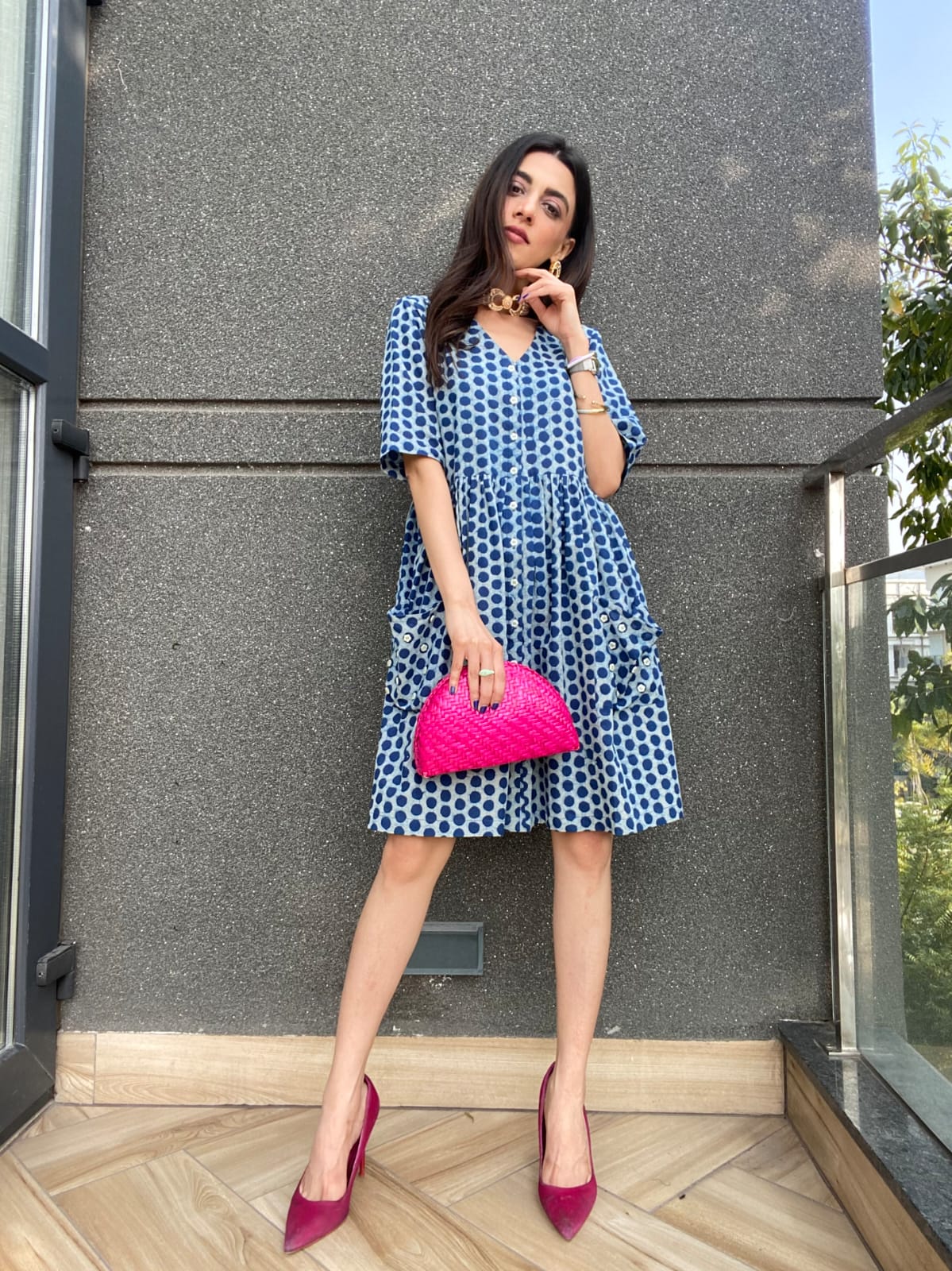 Rani- Indigo polka dot short dress