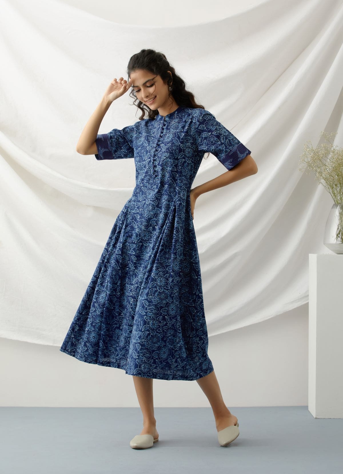 Blue roses- Indigo floral kurta/dress with box pleat