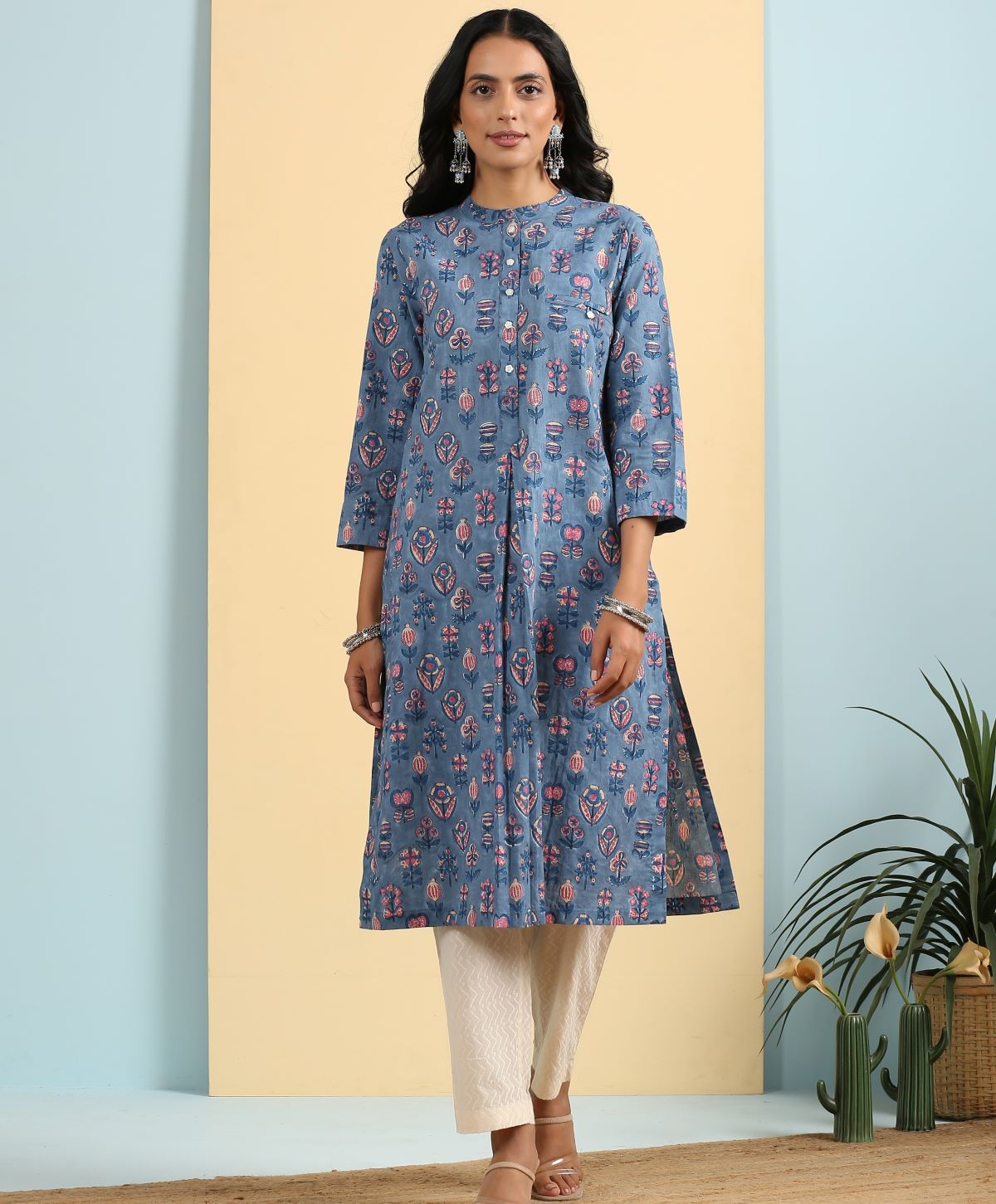 Blue floral kurti- SAMPLE SALE- S SIZE
