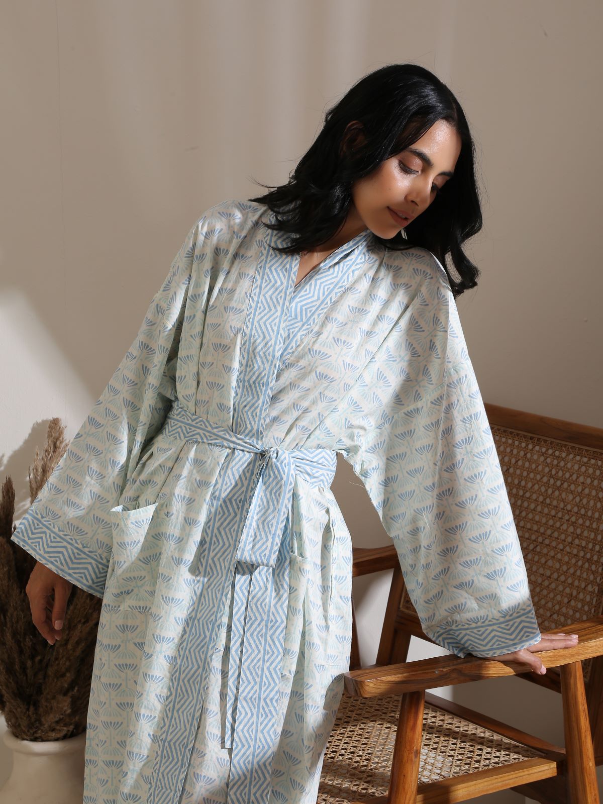 Light blue block print bathrobe