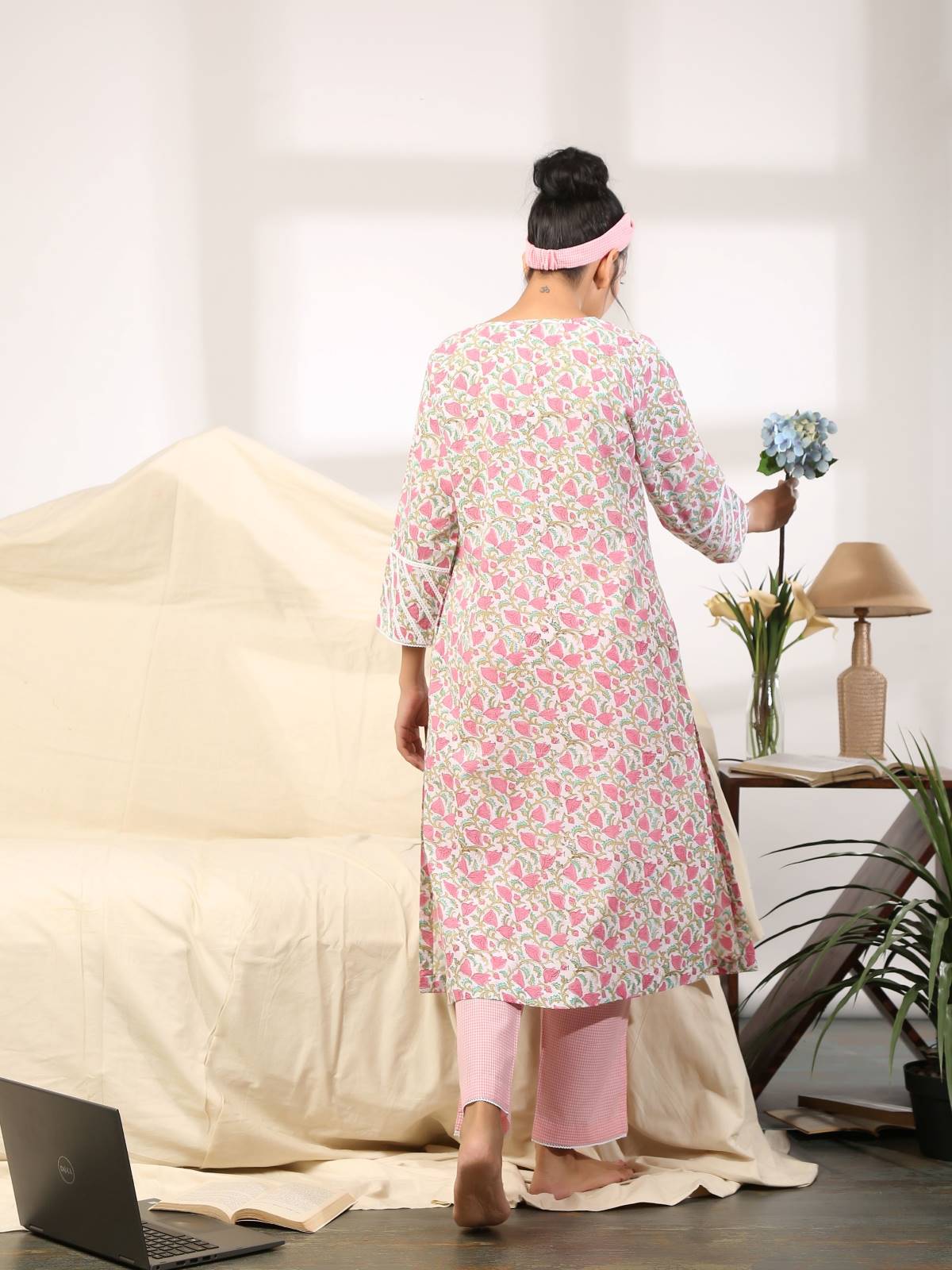 Pink cotton kurta with checked loose pants (Womens Loungewear set) - Label Raasleela
