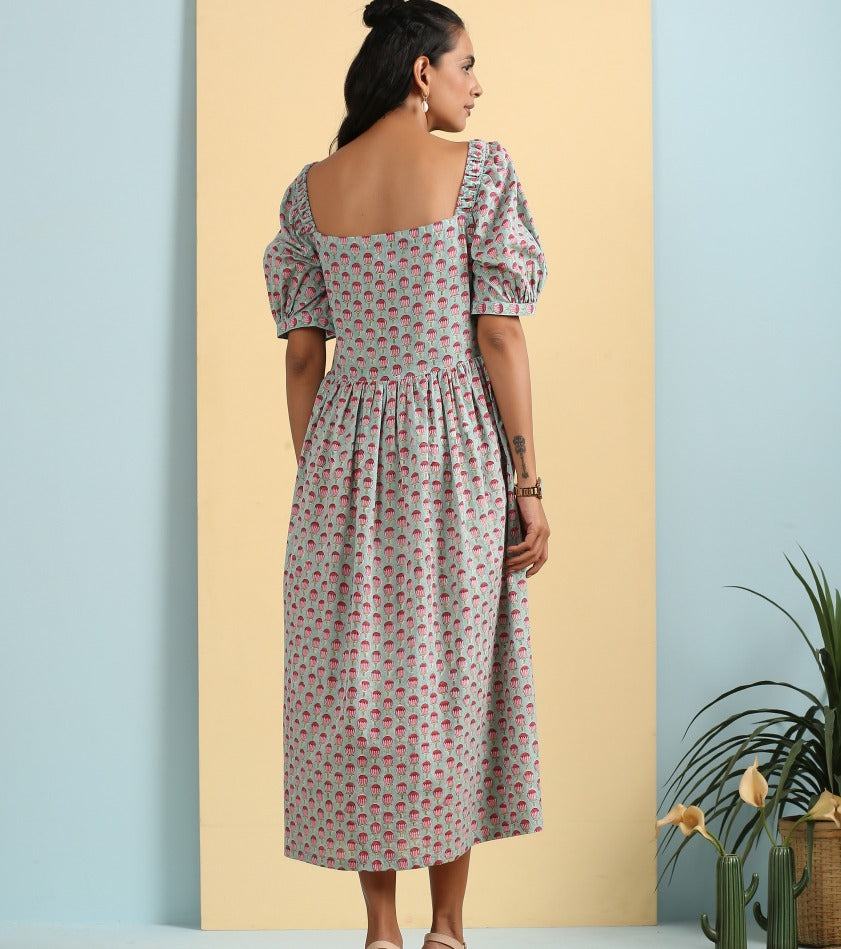 Blue off shoulder midi dress with puff sleeves- SAMPLE SALE- S SIZE