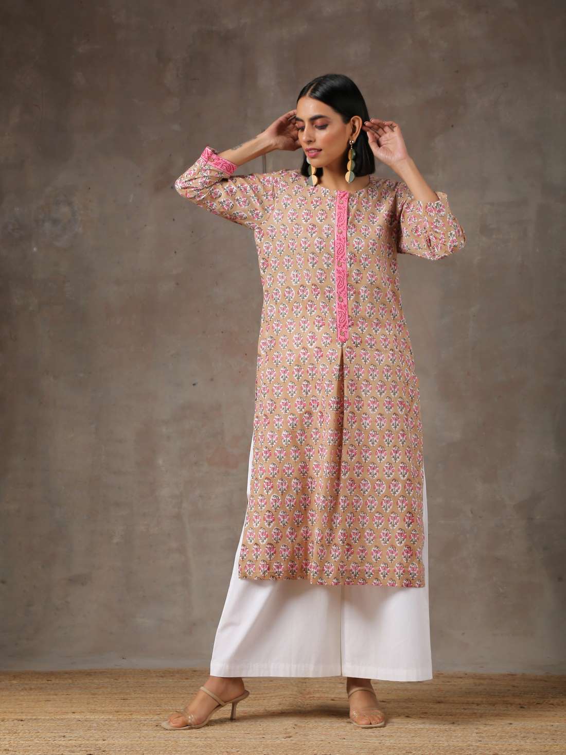 Light beige cotton kurti with pallazo - Label Raasleela