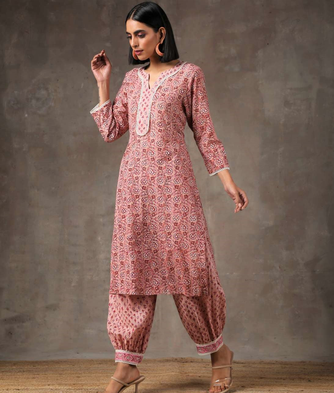 Pink floral print on print salwar kameez