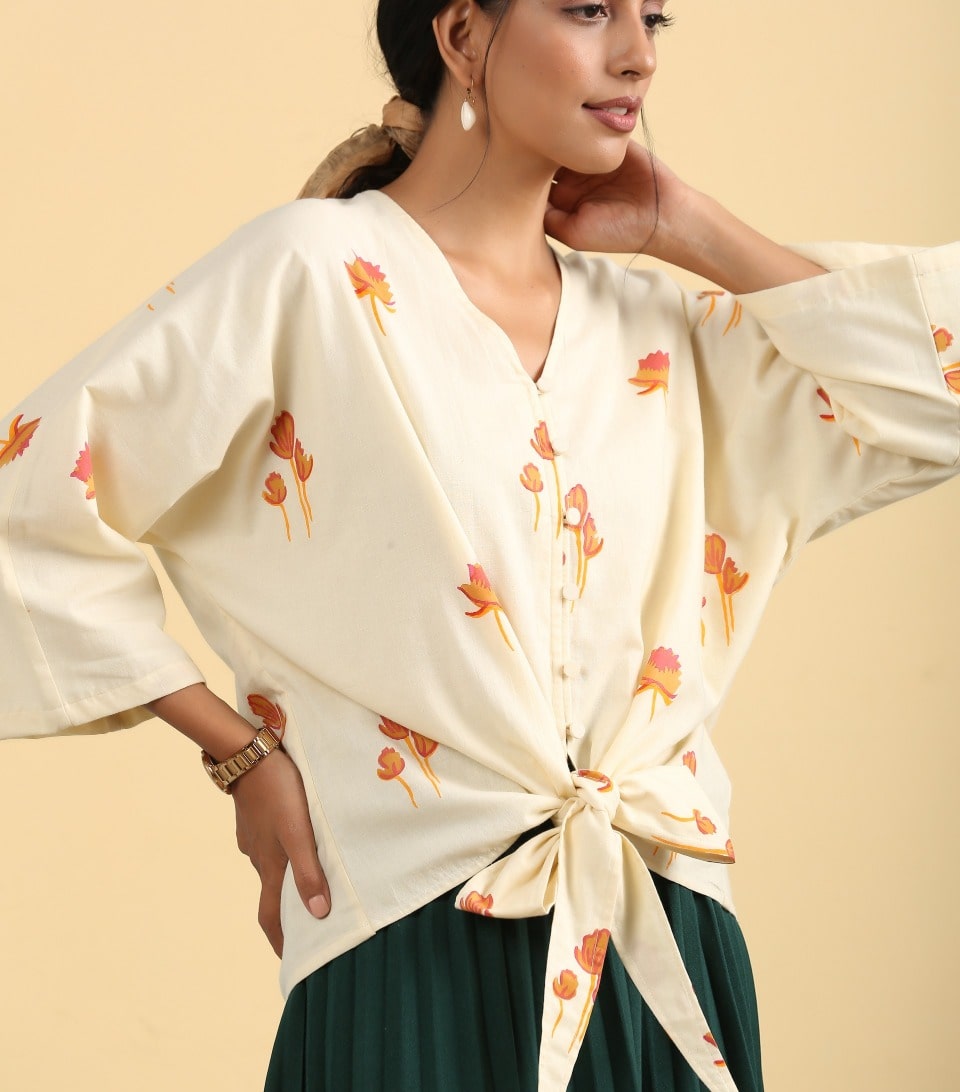 Cream block print knotted shirt