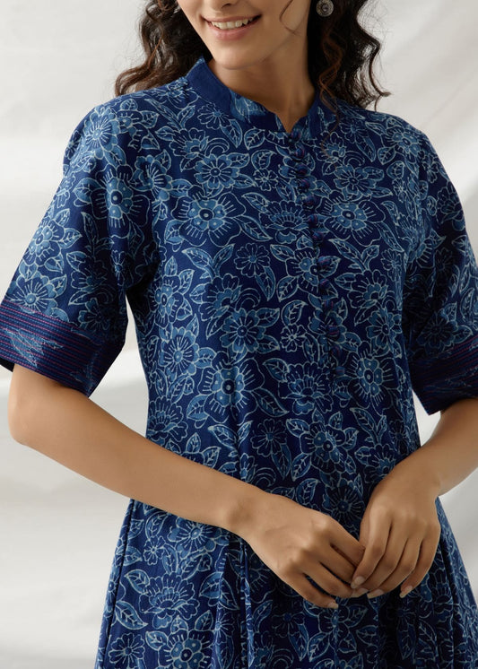 Blue roses- Indigo floral kurta/dress with box pleat