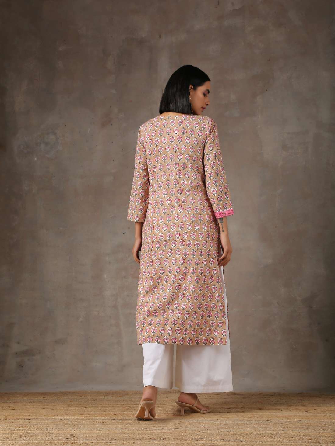 Light beige cotton kurti with pallazo - Label Raasleela